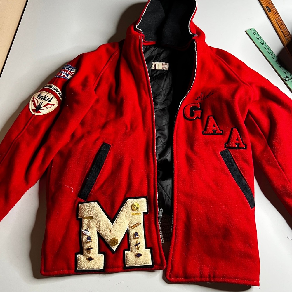 Vintage 1974 Mott HS Cheerleader Varsity Jacket Red Wool Letterman Hooded 70s